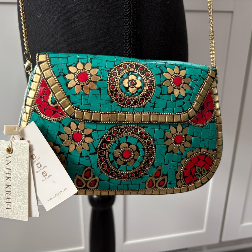 NWT Anthropologie Antik Kraft Amoli Clutch Turquoise Mosaic Hard Shell Purse